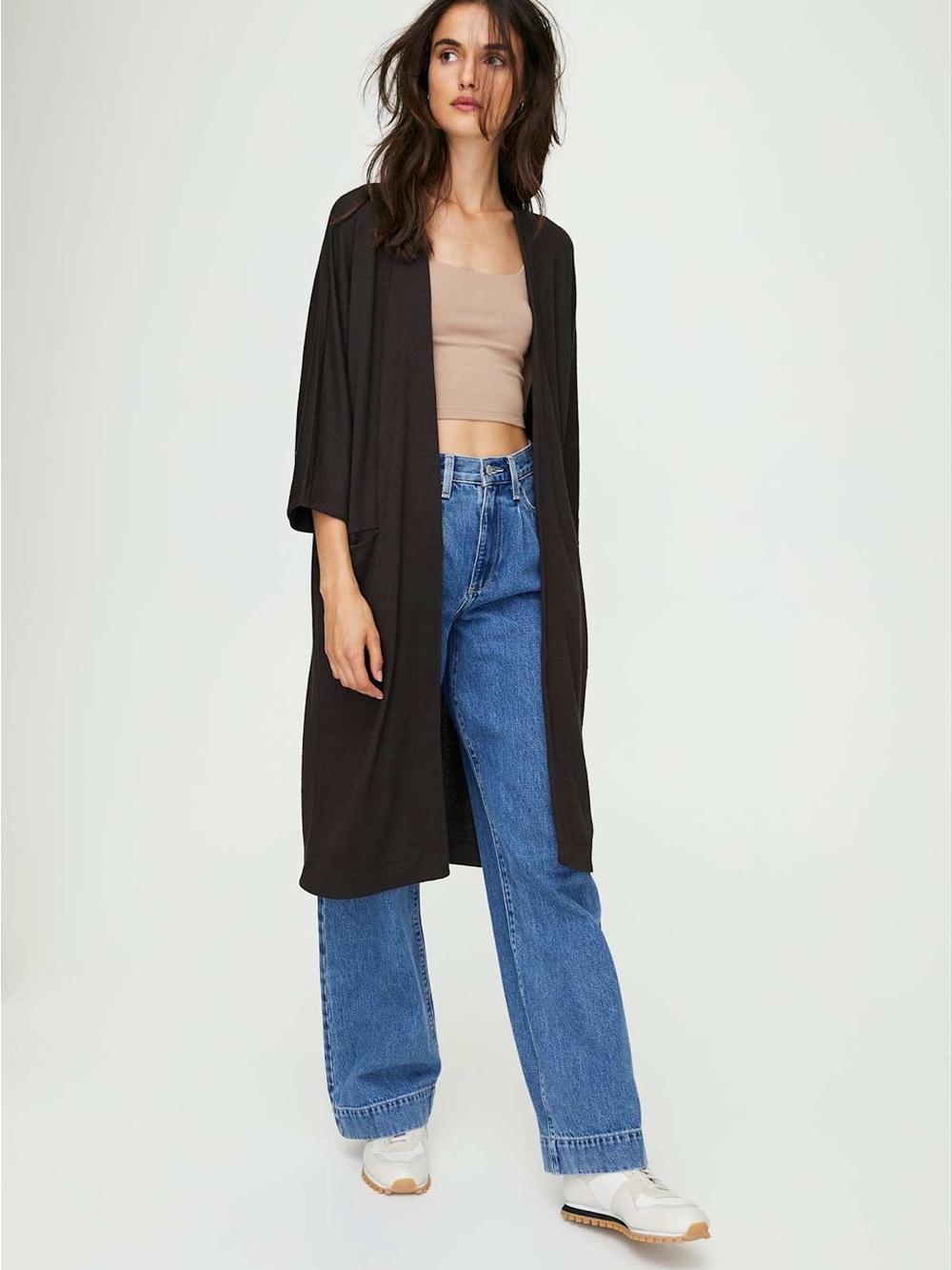 Aritzia Wilfred Free Long Open-Front Black Zlata Sweater Cardigan XS-S